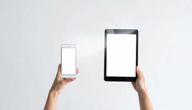 Two hands presenting a mobile device and a digital pad with clean, white displays, ideal for showcasing website responsiveness, app interfaces, or digital marketing content