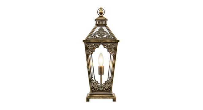 Elegant vintage style brass lantern with intricate details on a white background.