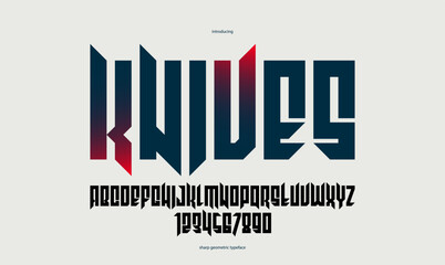 Sharp and bold gothic font for logo creation of for headlines, edgy geometric modern vector typeface, heavy metal and hard rock style alphabet with numbers.