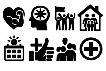 Family Wellness Icons. Family wellness planning themes silhouette icon set: healthy lifestyle, mindful routines, shared goals, connected living, balanced days, positive habits
