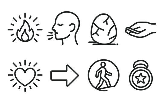 Overcoming Anxiety Icons. Overcoming Fear linear icon set: courage spark, steady breath icon, grounding stone, supportive hand, clarity beam, calm heart, step-forward arrow