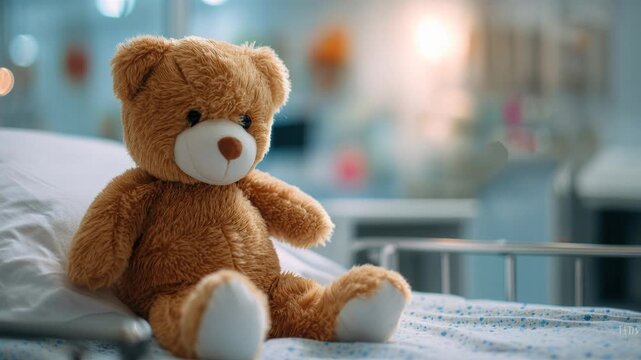 teddy bear on hospital bed soft brown plush wearing red scarf sits alone on rumpled blue blanket in pediatric ward soft morning light shallow depth of field