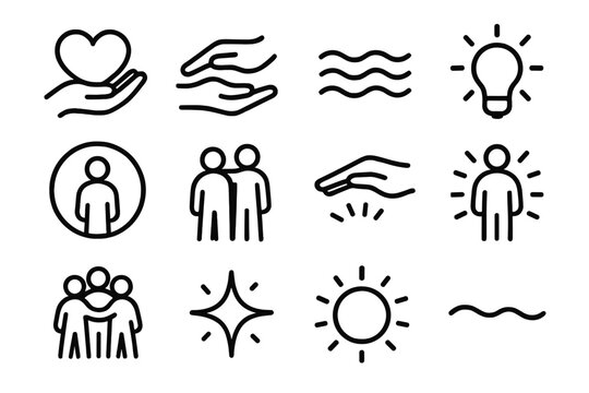 Emotional Comfort Icons. Emotional Comfort Icons linear icon set: empathy heart, reassuring hand, calm wave, soft light, comfort bubble, gentle presence icon, soothing gesture