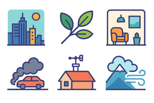 Air Quality Icons. Air Quality Awareness Environment flat icon set: city skyline, forest sprig, indoor room, traffic plume icon, rooftop sensor, mountain air symbol, breeze lines