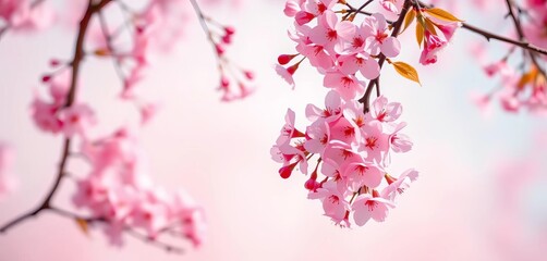 Obraz premium Soft pink cherry blossoms falling on pastel background, fantasy, design