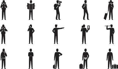 Fototapeta premium Silhouette figures of people engaged in various activities includes reading, photography, travel, communication, and leisure
