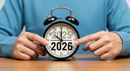 Hands point to a classic alarm clock face marking the transition from year 2025 to 2026, a concept for new beginnings, countdowns, and future goal setting