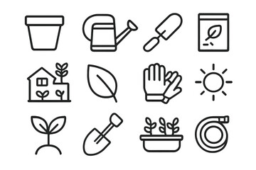 Urban Gardening Icons. Urban Gardening Icons linear icon set: plant pot, watering can, trowel, seed packet, rooftop garden, leaf, gloves, sun, sprout, shovel, window box, hose