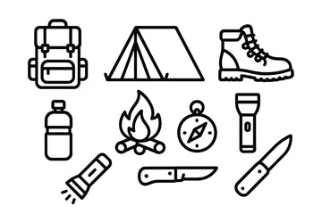 Fototapeta premium Wilderness Gear Icons. Wilderness Trek linear icon set: backpack, tent, boots, campfire, water bottle, compass, flashlight, knife