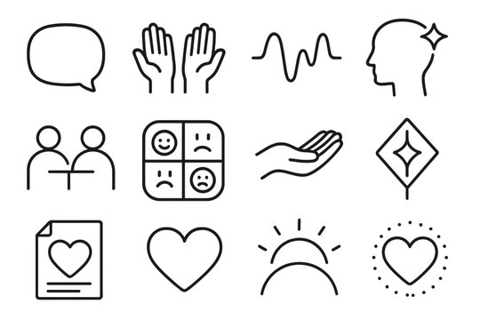 Emotional Communication Icons. Emotion Communication Set linear icon set: dialogue bubble, expressive hands, tone wave, understanding spark, connection line, emotion chart