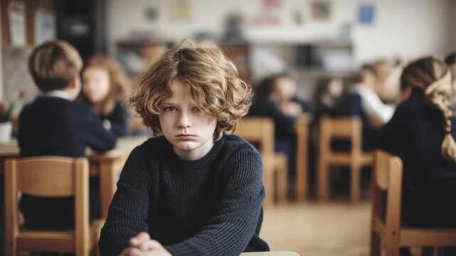 sad caucasian boy sitting against wall in crowded corridor while classmates walk past, backpacks, blurred figures, muted light, lockers, vulnerable posture,