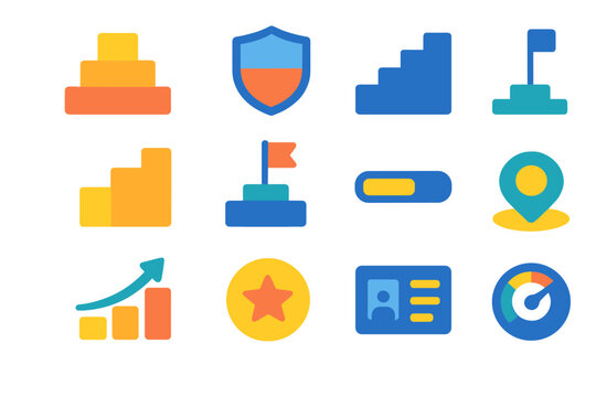 Modern Achievement Icons. Tiered Levels flat icon set: level blocks, tier shield, ascending staircase, category labels, benchmark flag, progress bar, ranked arrow, achievement