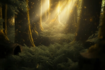 Enchanting forest path bathed in ethereal golden sunlight filtering through dense trees creating a magical and serene atmosphere