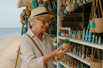 Smiling senior woman in a straw hat shops at a seaside souvenir stall, examining a small pineapple figurine as colorful handmade crafts fill the display.
