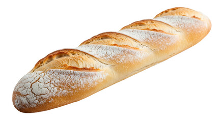 Freshly baked traditional French baguette loaf on white background.