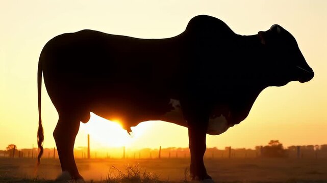 Silhouette of a Bull at Sunset - Majestic Animal in Golden Light.
