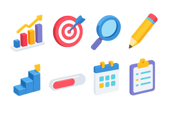 Vibrant Progress Icons. Progress Tracking flat icons set. graph chart, target board, magnifying glass, pencil, calendar, steps icon, progress bar, clipboard