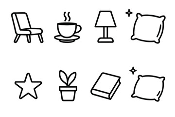 Iconic Relaxation Elements. Peaceful Rest Set linear icon set: chair, tea cup, lamp, cushion, stars, plant, book, pillow