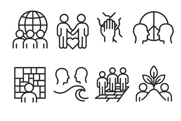 Unity Icons. Cultural harmony themes linear icon set: global connection, shared humanity, collaborative spirit, peaceful coexistence, cultural mosaic, understanding wave, unity