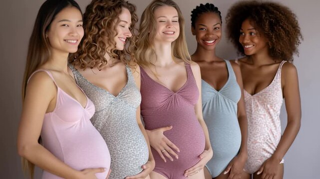 Multiethnic group of happy expectant mothers side view