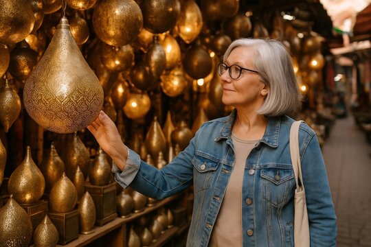 Smiling senior woman browsing brass lanterns in a glowing souk bazaar, touching a golden lamp. Travel lifestyle and artisanal market ambience.