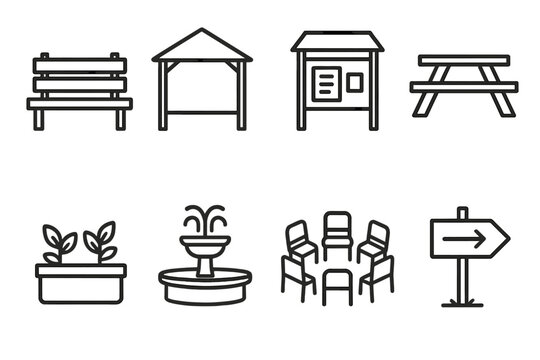 Community Space Icons. Community interaction spaces elements linear icon set: park bench, open pavilion, bulletin board, picnic table, garden planter, water fountain, meeting