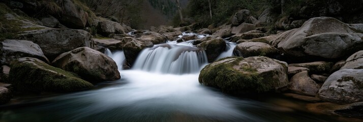 Serene mountain stream cascading over mossy rocks in lush forest
