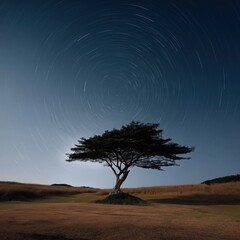 Lone tree under starry night sky with captivating star trails in tranquil landscape