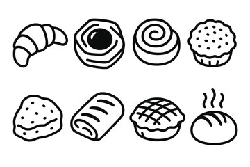 Assorted Pastry Icons. Warm Pastries linear icon set. baked croissant, jam-filled danish, cinnamon bun, flaky tart, butter scone, chocolate pastry, apple pie, steaming bread roll