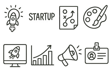 Startup Icon Set. Startup Branding set of icons in doodle hand-drawn vector style. concept logo, typography sample, marketing plan, brand palette, product demo, awareness growth