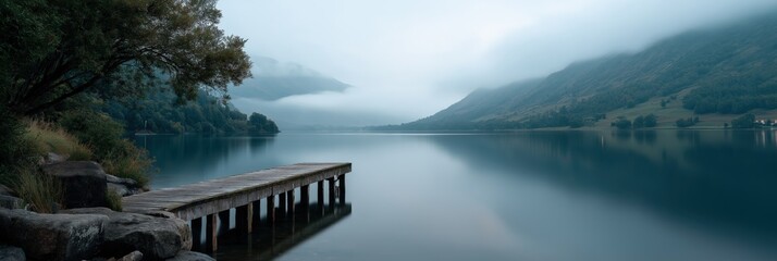 Tranquil misty lake in mountainous landscape with wooden dock and trees