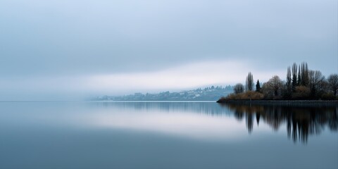 Fototapeta premium Serene lakeside landscape with misty reflections and bare trees on a tranquil day