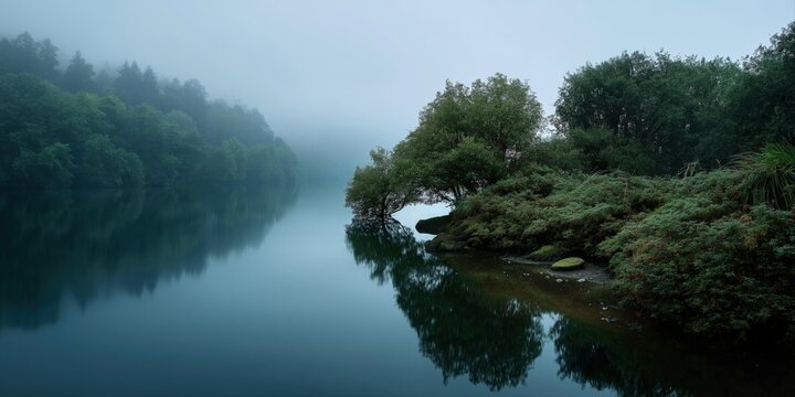 Tranquil misty lake with lush greenery and reflective water at dawn - Powered by Adobe