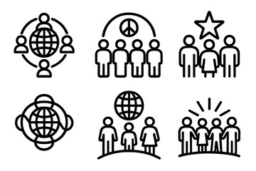 Global Unity Icons. Global Unity linear icon set: globe icon, interconnected lines, peace arc, diverse figures, unity star, shared horizon, world link, collective beam