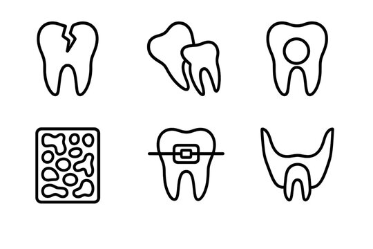Dental Radiographic Icons. Radiographic Findings Set linear icon set: fractured tooth, impacted wisdom tooth, abscess spot, bone density pattern, orthodontic bracket view, sinus