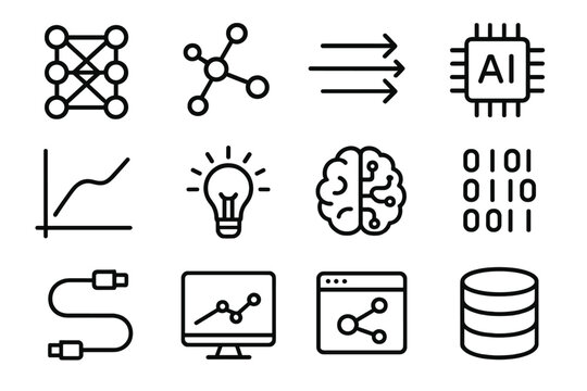 AI Technology Icons. Deep learning linear icon set: network layer, neuron, data flow, processor, chart curve, light bulb, AI brain, binary code, cable, monitor, insight graph