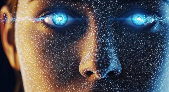 A futuristic close-up of a woman's face with a glowing digital network overlay and intense blue light emanating from her eyes, symbolizing artificial intelligence