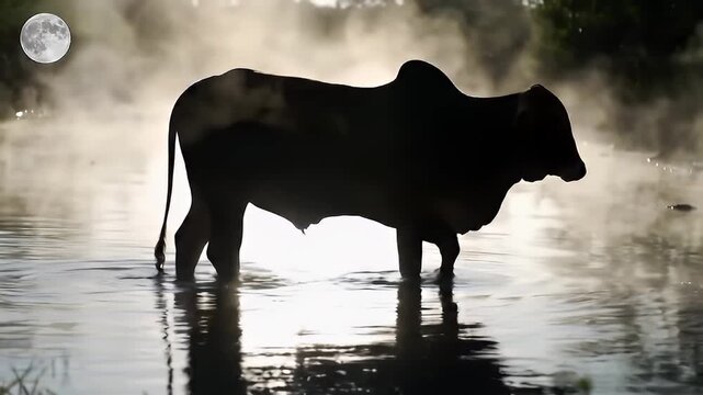 Silhouette of a bull standing in misty water at sunrise with the moon visible.