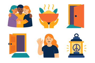 Community Compassion Icons. Compassion in Community flat icon set: group embrace, shared meal bowl, open door, welcome mat, friendly wave, peace lantern
