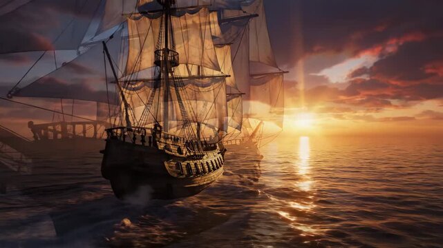Sailing Ship at Sunset - A majestic sailing ship navigates the ocean during a vibrant sunset. The warm colors of the sky reflect on the water, creating a beautiful and serene scene.