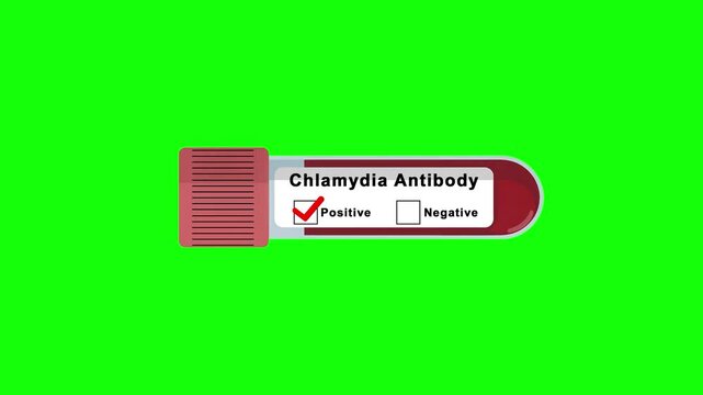 Chlamydia antibody test tube positive result animation on a green screen background for medical diagnostics, infection screening and laboratory presentations