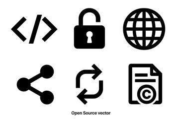 Brutalist Open Source Icons. Open Source silhouette icon set. code brackets, open lock, globe icon, shared repository, contribution arrows, license document.