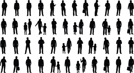 Black Silhouette Vector Set of Diverse Adult Figures and Families Standing in Various Poses for Architectural Drawings, Urban Planning, and Crowd Simulation Designs, Isolated on White Background. © Mursalatun