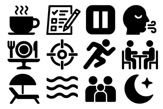 Balanced Routine Icons. Labor Day Balanced Routine Icons silhouette icon set: calm morning cup, structured plan, mid-day pause, mindful breath, lunch table, focus icon, activity