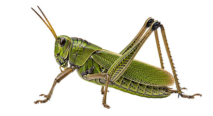 Green Grasshopper CloseUp on White Background.