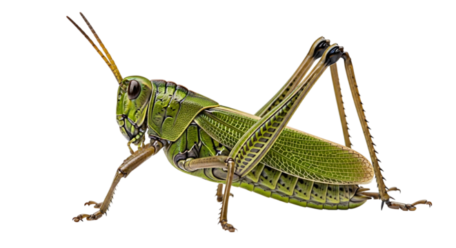 Green Grasshopper CloseUp on White Background.