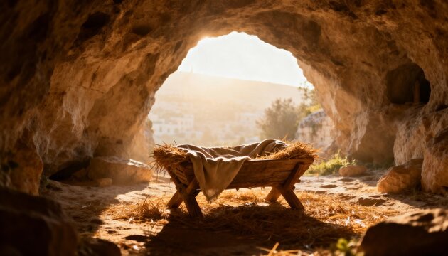 Empty wooden manger with straw inside a rocky cave. Nativity scene background with bright sunlight. Religious Christmas concept