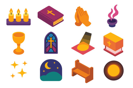 Evening Worship Icons. Evening Worship flat icons set. candle row, hymn book, folded hands, incense smoke, chalice, church window, light reflection, altar cloth, stars, calm night