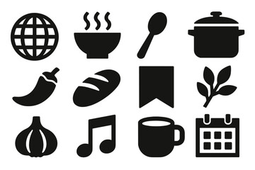 Global Soup Icons. Global Soup Event silhouette icon set. globe, bowl, spoon, pot, chili pepper, bread, herbs, garlic, banner, music note, cup, calendar