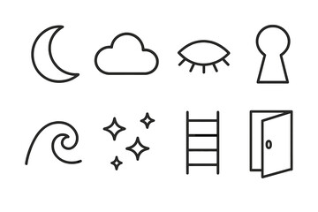 Dream Symbols Icons. Dream States linear icon set: moon, cloud, closed eye, keyhole, wave, stars, ladder, open door